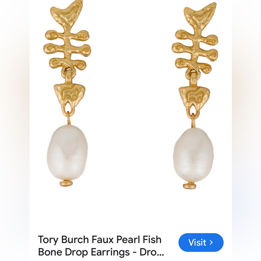 Tory Burch Gold Fishbone Earrings with Faux Pearl Drops